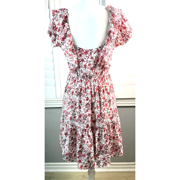 Amour Vert Women's Cottagecore  Mini Dress Silk Crimson & White Floral Sm - Picture 2 of 8